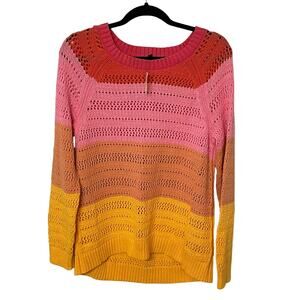 Talbots Womens Sweater L Open Knit Colorful Stripe Pink Yellow Pollover Twee NWT